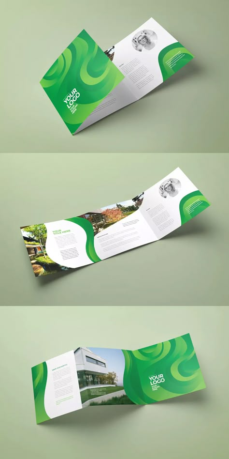 Square Modern Abstract Green Trifold Brochure Template INDD Eco Brochure Design, Minimalistic Brochure Design, Modern Trifold Brochure Design, Green Brochure Design, Environmental Brochure, Landscape Brochure Design, Creative Brochure Design Ideas, Square Brochure Design, Pamplet Design