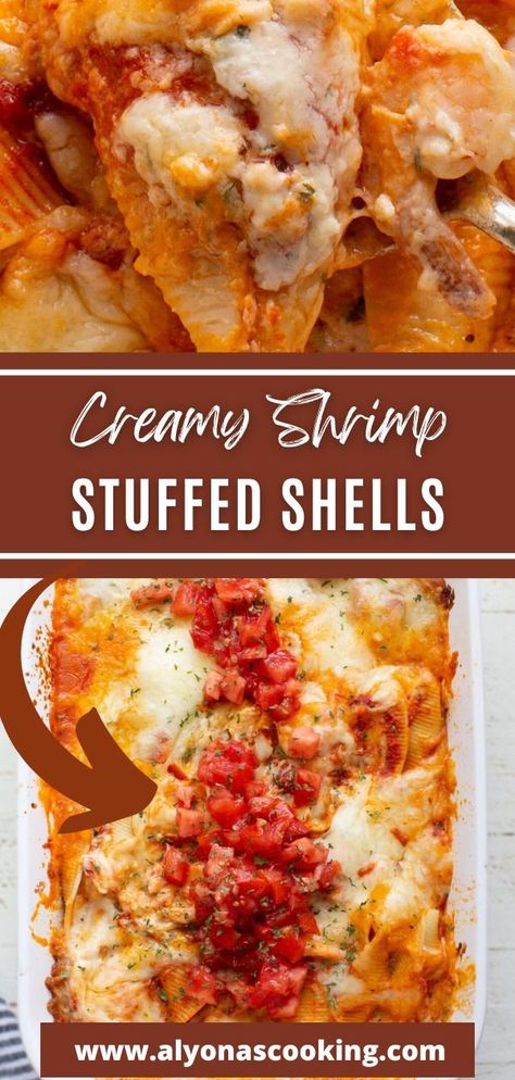 Seafood Stuffed Pasta Shells Recipe, Seafood Manicotti Recipe, Jumbo Stuffed Pasta Shells, Shrimp Stuffed Shells, Seafood Stuffed Shells Recipe, Jumbo Shell Recipes, Shrimp Filling, Cheesy Casserole Recipes, Seafood Stuffed Shells