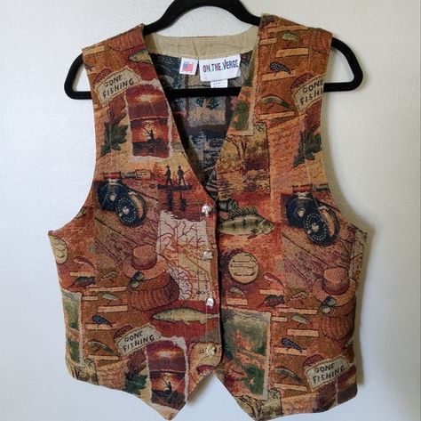 Vintage On The Verge Gone Fishing Tapestry Women’s Vest Large USA Billings Montana, Vintage Fishing, Gone Fishing, The Verge, Green Button, Denim Vest, Vest Dress, Montana, Made In Usa