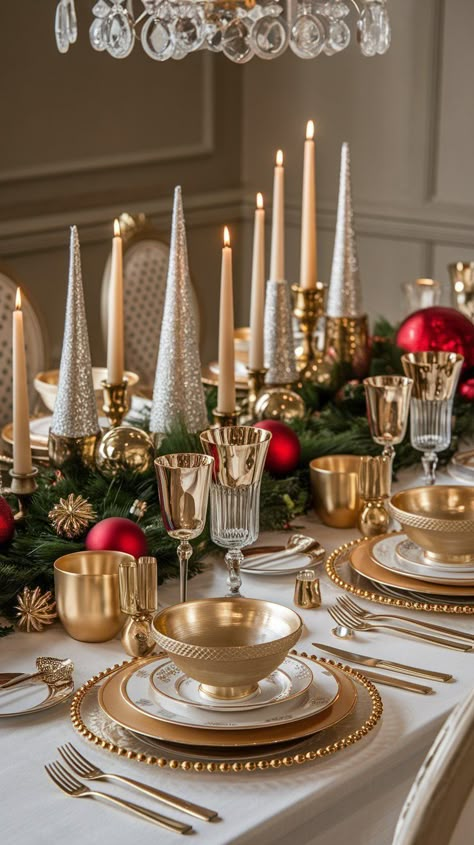 Christmas Tablescapes Elegant Holiday, Christmas Tree Centerpieces, Christmas Decorations Winter Wonderland, Christmas Table Settings Ideas, Gold Table Setting, Luxury Christmas Decor, Table Settings Ideas, Christmas Dining Table Decor, Christmas Tables