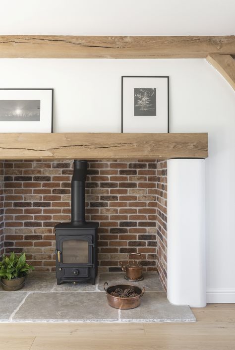 Cottage Log Burner, Kitchen With Log Burner, Brickslip Fireplace, Farmhouse Wood Burning Stove, Wood Burning Stove Mantle Ideas, Wood Stove Alcove Ideas, Wood Stove Alcove, Wood Burning Stove In Fireplace, Wood Burning Stove With Mantle