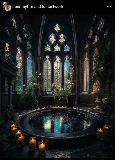 Gothic Master Bath, Dark Castle Bathroom, Dark Castle Bedroom, Gothic Mansion Interior, Brothel Aesthetic, Dark Elegant Bedroom, Gothic House Interior, Forestcore Bedroom, Fantasy Bedroom Aesthetic