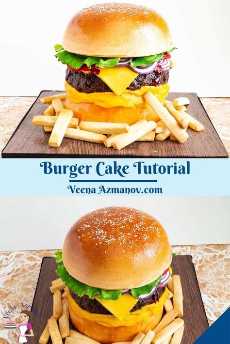 A burger cake is the perfect celebration cake at any age because no matter what age you are five or fifty who doesn't love a hamburger, right? This cake decorating tutorial includes recipes, step by step, along with videos so you can make this cake easily #caketutorial #burgercake #hamburgercaketutorial #cheeseburgercake #burgercaketutorial #cakedecoratingtutorials Burger Cakes Birthday, Cheeseburger Cake Ideas, Burger Cake Tutorial, Hamburger Cake Tutorial, Cheeseburger Cake Birthday, Hamburger Birthday Cake, Hamburger Cake Birthdays, Burger Cake Birthday, Hamburger Cake Ideas