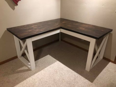 Simple L Shaped Desk Diy, Small L Shape Desk, How To Build An L Shaped Desk, Diy L Desk Ideas, L Shape Desk With Shelves, L Shaped Farmhouse Desk, Corner Farmhouse Desk, Diy L Shape Desk With Storage, Farmhouse Corner Desk