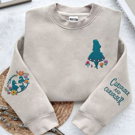 Embroidered Floral Alice in Wonderdisneyland Sweatshirt, Curiouser and Curiouser Embroidery Sweater, Girls Trip, Magic Kingdom - Etsy Alice In Wonderland Embroidery, Curiouser And Curiouser, Disney Embroidery, Cool Presents, Embroidery Sweater, Disney Sweaters, Embroidery Sweatshirt, Disney Plus, Vintage Mickey