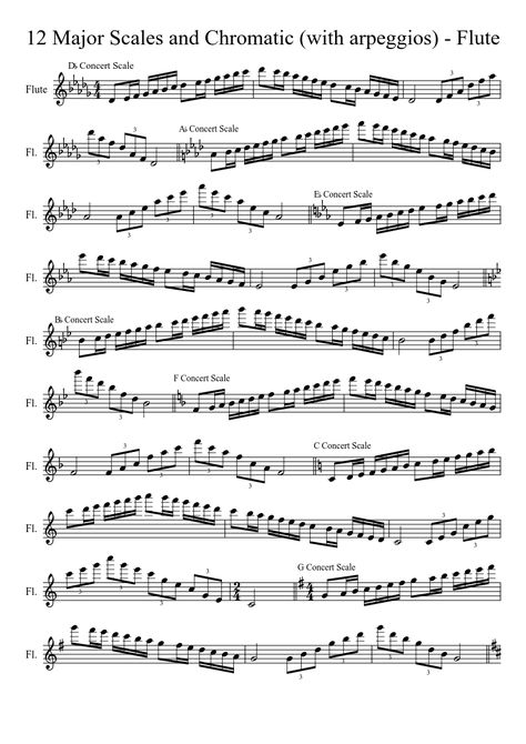 12 Major Scales with Arpeggios and Chromatic - Flute (Full Range) Sheet music for Flute (Solo) | Musescore.com Flute Exercises, Flute Practice, Flute Notes, Scale Music, Sheet Music For Flute, Flute Lessons, Piano Notes Songs, Learn Singing, Music Tabs