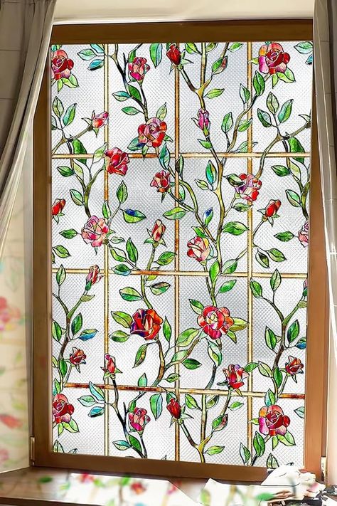 Amazon.com: Windimiley Stained Glass Window Privacy Film: 3D Rose Decorative Bathroom Frosted Window Clings Sun Heat Blocking Flower Window Tint for Home Non Adhesive Door Window Covering (17.5 x 40 in,Red) : Home & Kitchen Stained Glass Windows In Homes, Stained Glass Floral, Door Window Covering, Window Privacy Film, Decorating Hacks, Frosted Window, Stained Glass Rose, Stained Glass Window Film, Rose Window