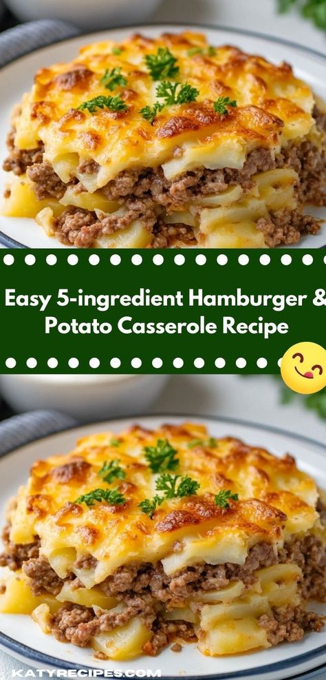 Looking for a hassle-free dinner solution? This Easy 5-Ingredient Hamburger & Potato Casserole is a delicious blend of flavors that brings the family together, making it perfect for busy weeknights. Hamburger And Potato Casserole, Cheesy Hamburger Casserole, Ground Beef Potato Casserole, Hot Dish Recipes, Hamburger Meat Casseroles, Baked Dinners, Meat And Potatoes Recipes, Hamburger And Potatoes, Hamburger Potato Casserole