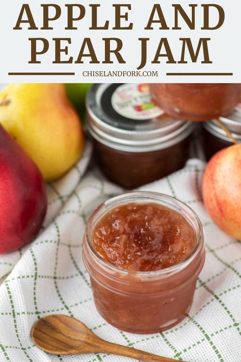 With fresh apples and pears plus a variety of spices, this homemade spiced apple and pear jam is the definition of fall. #applepearjam #applejam #pearjam #falljam #homemadejam | chiselandfork.com Apple And Pear Jam, Pear Jam Recipe, Fall Jams, Pear Preserves, Pear Butter, Mango Jam, Pear Jam, Apple Jam, Spiced Pear