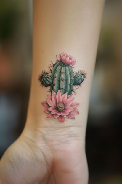 Succulent Tattoo Small Simple, Cactus Tattoo Meaning, Flowering Cactus Tattoo, Cactus With Flower Tattoo, Small Mexican Tattoo For Women, Prickly Pear Cactus Tattoo, Cute Cactus Tattoo, Cactus Flower Tattoo, Tattoo Cactus