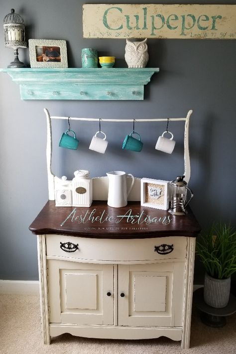 Revamped Furniture, Antique Wash Stand, Revamp Furniture, Flea Market Flip, Nook Ideas, Coffee Bars, Coffee Nook, Wash Stand, Home Coffee Bar