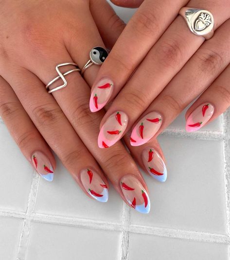 peachi nails on Instagram: “spicy french 🌶🔥 - - - - - - - #peachinails #nails #nailart #gelnails #nailpolish #instanails #nailinspo #fashion #style #cosmetics #beauty…” Chili Nails, Pink And Blue Nails, Pink Blue Nails, Gender Reveal Nails, Short Nail Ideas, Cotton Candy Nails, Short Nail Manicure, Cute Pink Nails, Art Deco Nails