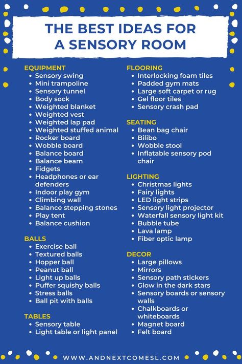 A list of ideas for a sensory room Sensory Kids Room, Sensory Room Ideas, Room Ideas For Kids, Sensory Bedroom, Sensory Room Equipment, Sensory Classroom, Calm Room, Calming Room, Sensory Swing