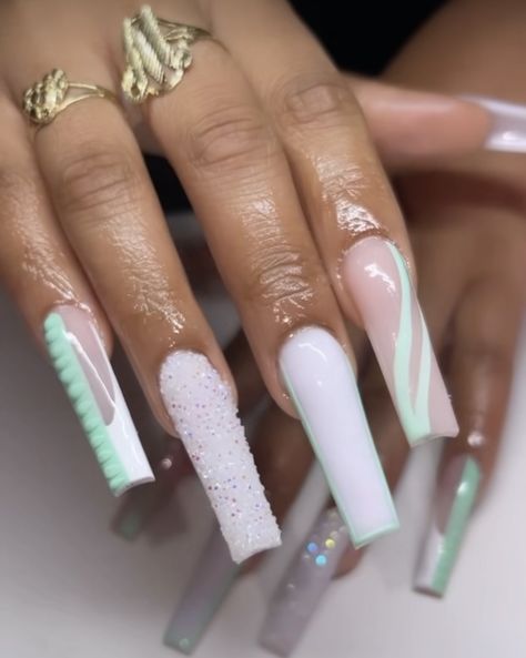 Mint Green Birthday, Mint Green Nails, Mint Nails, Acrylic Toes, Acrylic Toe Nails, Acrylic Nail Set, Colored Acrylic Nails, Long Square Acrylic Nails, Birthday Nails