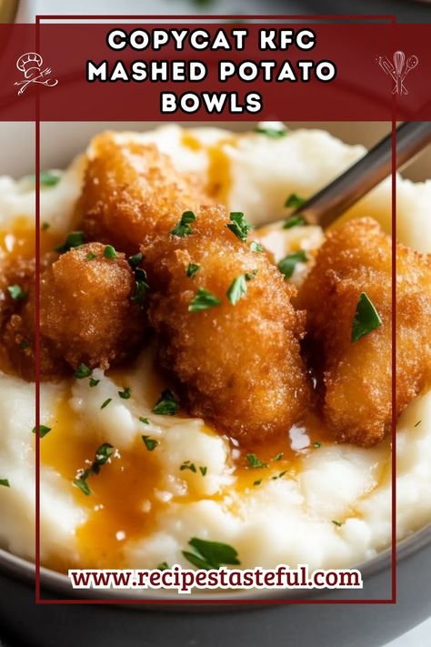 Enjoy the comforting flavors of KFC's famous Mashed Potato Bowls at home! This easy-to-make version combines crispy popcorn chicken, creamy mashed potatoes, rich gravy, sweet corn, and melted cheddar cheese for a satisfying meal the whole family will love. Chicken Gravey, Mashed Potato Bowls, Kfc Mashed Potatoes, Copycat Kfc, Potato Bowls, Potato Bowl, Popcorn Chicken, Mashed Potato Recipes, Quick Weeknight Meals