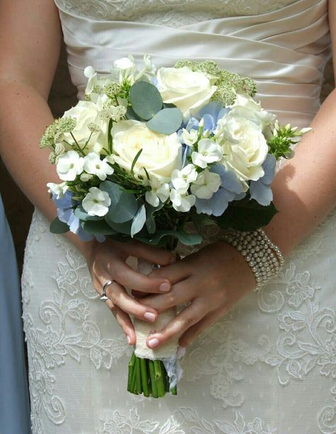 Beautiful Wedding Bouquet Showcasing: White Roses, White Astrantia, Blue Hydrangea, Silver Dollar Eucalyptus ~~ Hydrangea Bridesmaid Bouquet, Light Blue Bridesmaid, Prom Bouquet, Silver Dollar Eucalyptus, Hydrangea Bouquet, Light Blue Wedding, Prom Flowers, Blue Hydrangea, Bridesmaid Bouquet