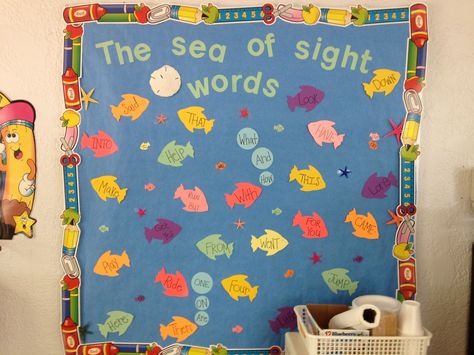 Week 1: Start a sight word bulletin board to use throughout the entire year (much cuter than a plain list :) ) Sight Words Display Wall Ideas, Cvc Words Bulletin Board Ideas, Sight Words Board Decoration, Esl Bulletin Board Ideas Display, Sight Word Wall Display, Sight Words Bulletin Board Ideas, Sight Word Bulletin Board Ideas, Phonics Bulletin Board Ideas, Sight Word Bulletin Board