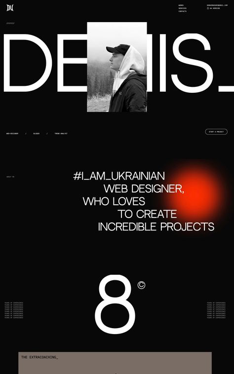 Slick, dark-schemed One Page portfolio for Ukrainian web designer and YouTuber Denis Verholomchuk.