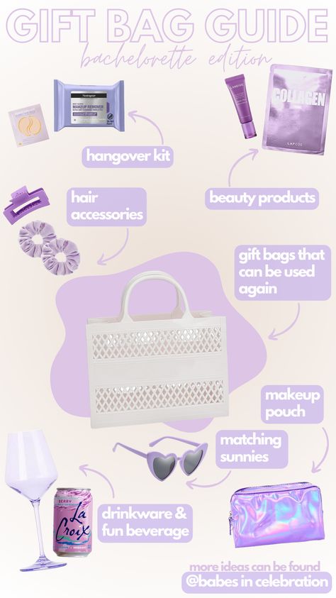 Bachelorette gifts have become a staple of the bachelorette weekend. Use our quick guide to fill your bags with the gifts your babes will use time and time again. We have such cute gift bag ideas. We also believe that gift bags should represent you and your bachelorette weekend theme! Bachelorette Purple Theme, Bridal Gift Bag Ideas, Bachelorette Goodies Bags, Bachelorette Party Ideas Purple, Purple Bachelorette Theme, Bachelorette Baskets, Bachelorette Basket Ideas, Bachelorette Goody Bags, Bach Goodie Bags