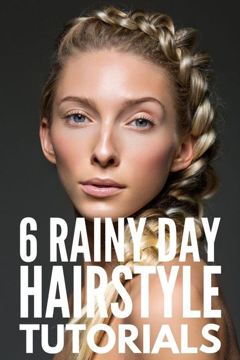 Rainy Day Hairstyles We Love | Does your hair get frizzy on hot, humid, and/or rainy days? Mine too! We’re sharing our best frizz fighting tips, hacks, products, and natural home remedies, as well as some super cute and easy hairstyles for short hair, shoulder-length hair, and for long hair. From the perfect updo, to messy buns, to adorable half up looks, to sleek braids, these styles and hair tutorials are perfect for work and for school! #frizzyhair #frizzyhairstyles #frizzyhairsolution Updo For Rainy Day, Hair For A Rainy Day, Easy Hairstyles For Windy Days, Rain Day Hairstyles Ideas, Rain Proof Hairstyles, Rainy Day Wedding Hair, Hairstyles For The Rain, Rainy Day Updo Hairstyles, Humid Day Hairstyles