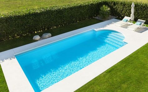 Roman style pool with minimal white decking and a hedge for privacy Ombra Pergola, Roman Pool, Kleiner Pool Design, Inground Pool Designs, Piscina Intex, Geometric Pool, Courtyard Pool, Rectangular Pool, Concrete Pool