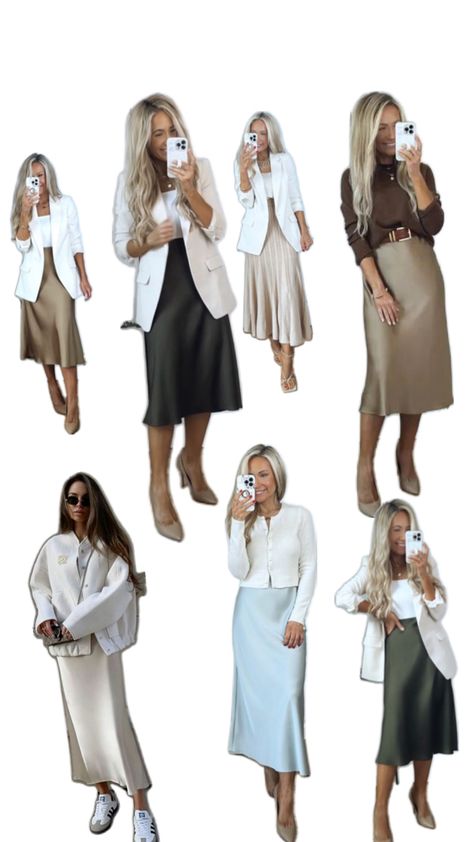 Blazer And Silk Skirt, Grey Silk Skirt Outfit, Long Skirt And Blazer Outfit, Silk Skirt Outfit Classy, Long Silk Skirt Outfit, Green Silk Skirt, Silk Skirt Outfit, Neutral Silk, Long Silk Skirt