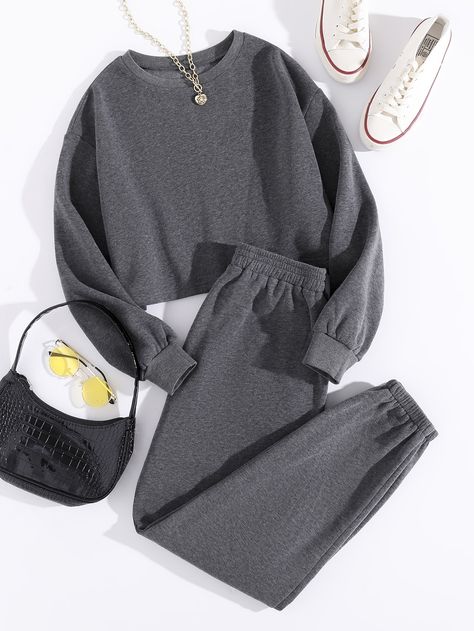 Grey Casual  Long Sleeve Polyester Plain   Slight Stretch Spring/Fall Women Co-ords Elastic Waist Pants Outfit, Diy Vetement, Normal Clothes, Cute Pajamas, Trending Fashion, Simple Trendy Outfits, Cute Simple Outfits, Womens Activewear, Casual Sweatshirt