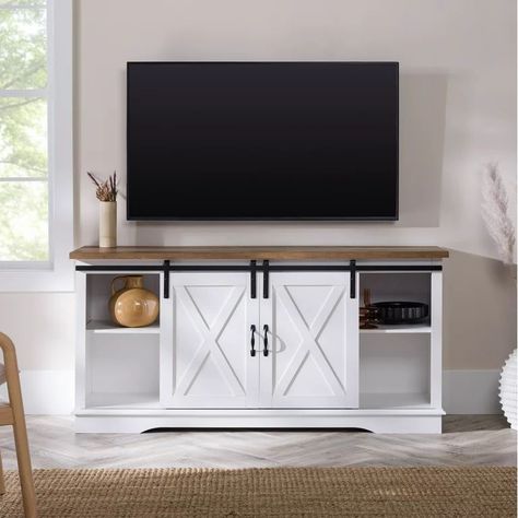 Woven Paths Farmhouse Sliding Barn Door TV Stand for TVs up to 65", White/Reclaimed Barnwood | Walmart (US) Sliding Door Tv Stand, Low Tv Stand, Barn Door Tv, Modern Sliding Barn Door, Barn Door Tv Stand, Barn Style Doors, Farmhouse Tv Stand, Cabinet Fronts, Modern Farmhouse Design