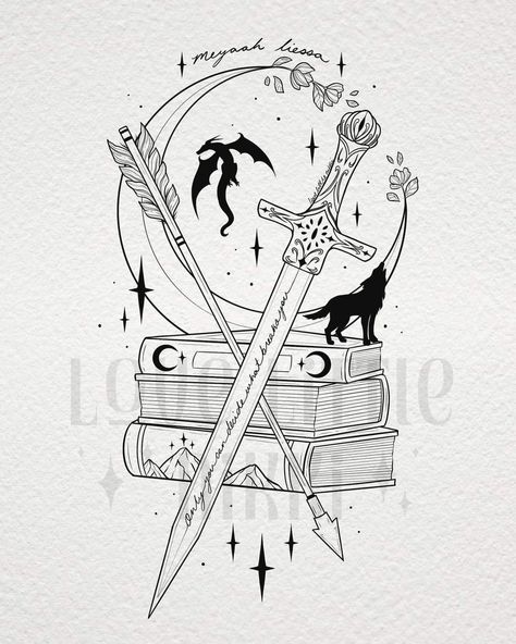 Tattoos For Women Books Design, Sjm Book Tattoos, Fairy Book Tattoo, Sjm Universe Tattoo Ideas, Drawing To Color In, Only You Decide What Breaks You Tattoo, From Blood And Ash Tattoo Ideas, Dragon And Book Tattoo, Only You Can Decide What Breaks You