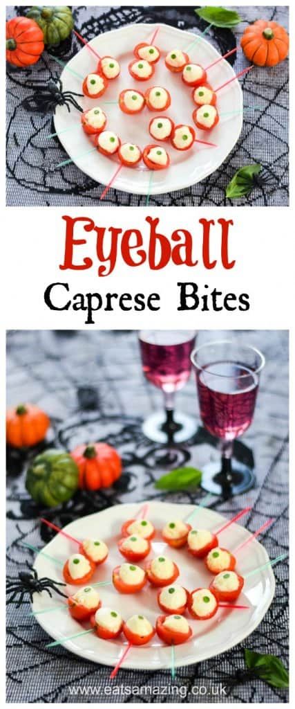 Caprese Eyeballs, Party Food Snacks, Healthy Halloween Party Food, Snack Halloween, Menu Halloween, Caprese Bites, Kids Lunch Boxes, Fall Party Food, Halloween Party Food