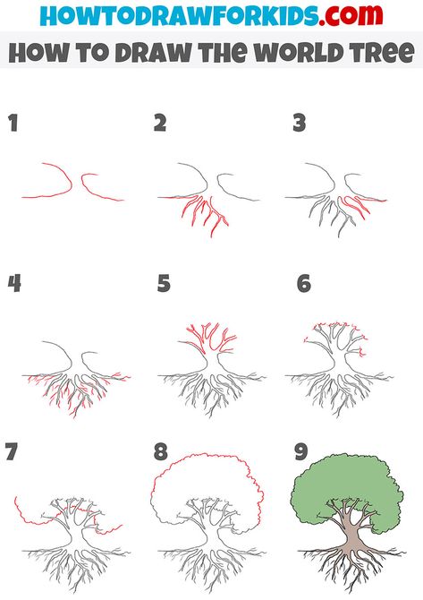 Trees Drawing Tutorial, Massive Tree, World Tree, Easy Drawing Tutorial, Tree Sketches, Drawing Tutorials For Kids, Ancient Tree, The Underworld, Drawing Tutorial Easy