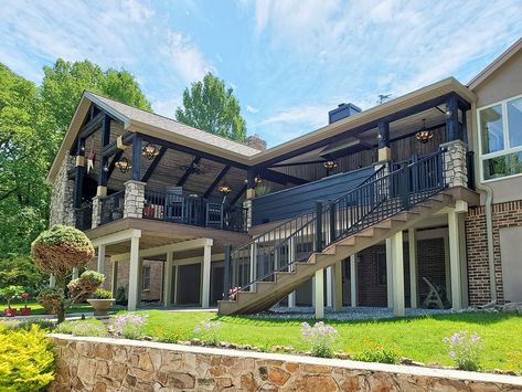 Open porches are the standard porch that many people envision when they want to cover their deck or patio. 2nd Story Covered Deck Ideas, Elevated Deck Ideas, Covered Deck Designs, Deck Addition, Vintage Porch, Porch Addition, Patio Deck Designs, Deck Porch, Covered Deck