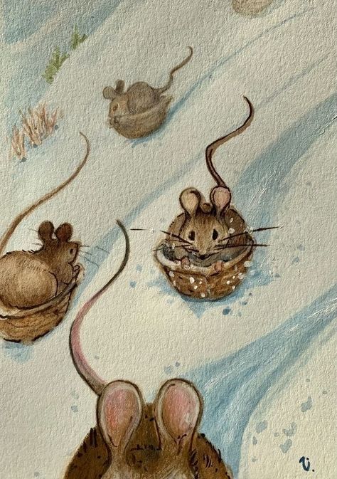 Mice Art Illustration, Vintage Mice Illustration, Winter Aesthetic Drawing, Sled Drawing, Mice Painting, Cute Mouse Art, Animals In Art, Maus Illustration, متحف فني