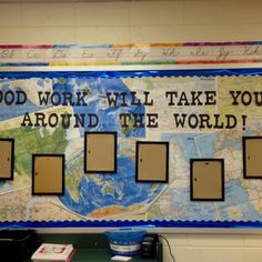 travel themed classroom - put maps behind plain blue/ lime pushpin papers to display work... Travel Bulletin Boards, Missions Bulletin Board, Missions Conference, Explorer Theme, Travel Theme Classroom, Geography Classroom, World History Classroom, Around The World Theme, Church Bulletin Boards