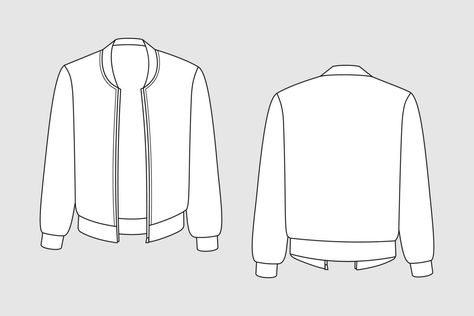 Bomber jacket vector template isolated set on a grey background. Unisex, male, female model. Front and back view. Outline fashion technical sketch of clothes model. Jackets Sketches, Jacket Outline Template, Jacket Template, Jacket Making, Jacket Design Sketch, Jacket Illustration, Jacket Flat Sketch, Jacket Design Ideas, Jacket Sketch