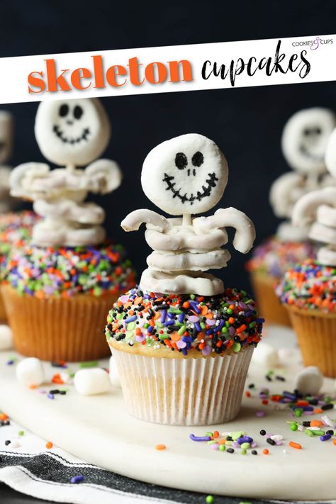 These are adorable Skeleton Halloween Cupcakes that are perfect for spooky season! Easy to make and so cute for classroom parties and a fun activity to do with your kids! Cinnamon Crinkle Cookies, Skeleton Cupcakes, Best Pecan Pie Recipe, Homemade Pecan Pie, Halloween Food Cupcakes, White Chocolate Covered Pretzels, Cookies And Cups, Pecan Desserts, Cupcake Day