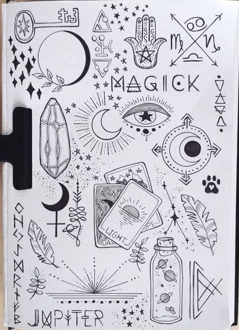 Easy Spooky Tattoo, Wiccan Doodles, Witchy Artwork Easy, Flash Art Tattoo Ideas Witchy, Witchy Drawings Simple Step By Step, Witchy Forearm Tattoo Women, Grimoire Drawing Ideas, Spiritual Doodles Art Journaling, Witchy Things To Draw