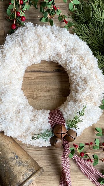 Jenn • Farmhouse Decor | DIY on Instagram: "Let’s make a fuzzy Christmas wreath! I love using these Dollar Tree mop heads from Dollar Tree, especially for Christmas crafts! Of course I can’t resist coffee staining them too! I quickly soak them in some coffee. I just use the leftover coffee I have or you could make some instant coffee. I wring them out with some water until I get the desired look then let dry. I used a Dollar Tree foam wreath and 3 mop heads to make this wreath then simply Leftover Coffee, Foam Wreath, Snowman Snow, Pom Pom Wreath, Dollar Store Organizing, Mop Heads, Coffee Staining, Instant Coffee, Farmhouse Christmas Decor