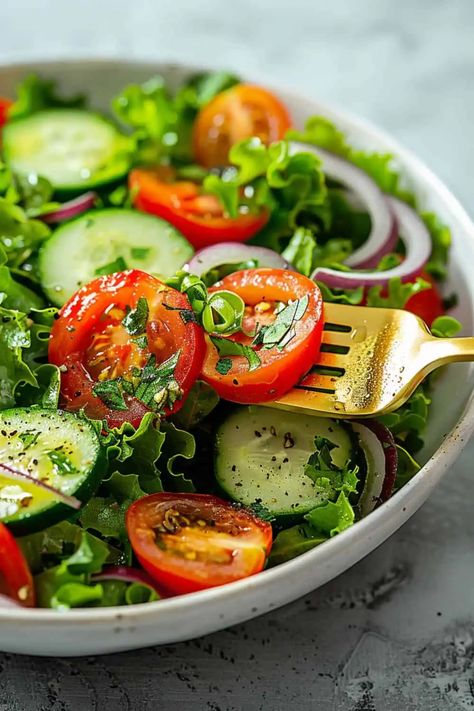 Garden Salad: A Fresh Summer Recipe - BeCentsational Menu Photoshoot, Viral Cucumber, Ramzan Images, Garden Salad Recipe, Turkish Salad, Low Calorie Salad, Food Noodles, Gourmet Salad, Cucumber Salad Recipe