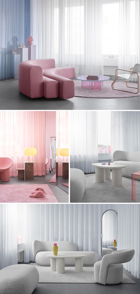 CJ studio has transformed an entire floor of a 1970s office building into a #showroom, head office, and studio for the Swedish #make-up and skincare brand CAIA #Cosmetics. The #interior #design focus on creating an extraordinary, #candy-colored yet professional space to represent CAIA and enhance the experience of their brand. The color #palette and concept are inspired by the company's identity, its products, and visual language. Learn more at Architonic.com Skincare Office Design, 1970s Office, Office And Studio, Office Design Inspo, Digital Imaging, Visual Language, Bar Interior, Head Office, Skincare Brand