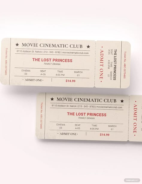 Movie Ticket Design, Vintage Movie Ticket, Movie Ticket Template, Movie Ticket, Vintage Ticket, Cinema Ticket, Party Tickets, Concert Ticket, Ticket Design