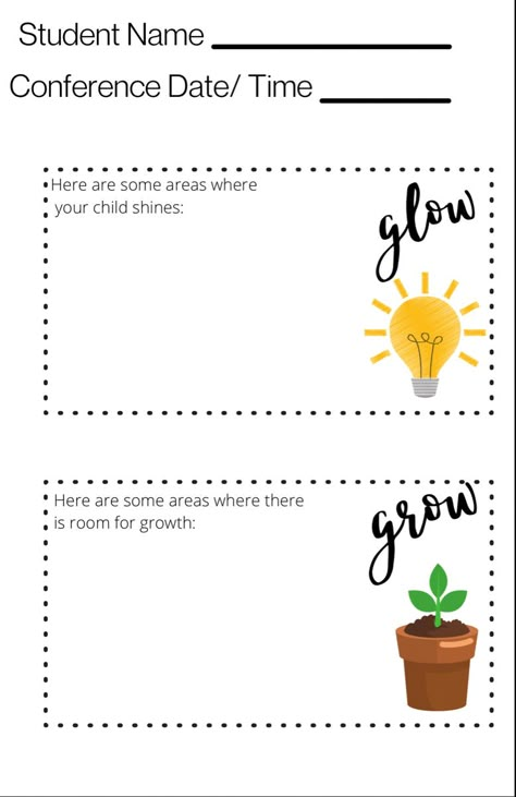 Parent Teacher Conference Ideas Preschool, Conferences Parent Teacher Ideas, Parent Teacher Conference Ideas Prek, Preschool Conference Forms, Glow Grow Conference Form, Grow And Glow Conference Form, Glow And Grow Notes, Glows And Grows Conference, Parent Teacher Meeting Ideas