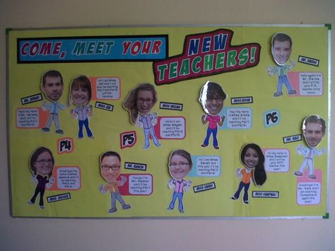 Meet Your New Teachers.    everydayramny:      I made a bulletin board — with head-bobbling action! Get To Know Your Teacher Bulletin Board, Staff Photo Board Ideas, Hello Bulletin Board, Staff Photo Board, Meet The Staff Bulletin Board Teachers, Employee Picture Board Ideas, Meet The Teachers Bulletin Board Ideas, Staff Picture Board, Meet The Staff Bulletin Board Ideas