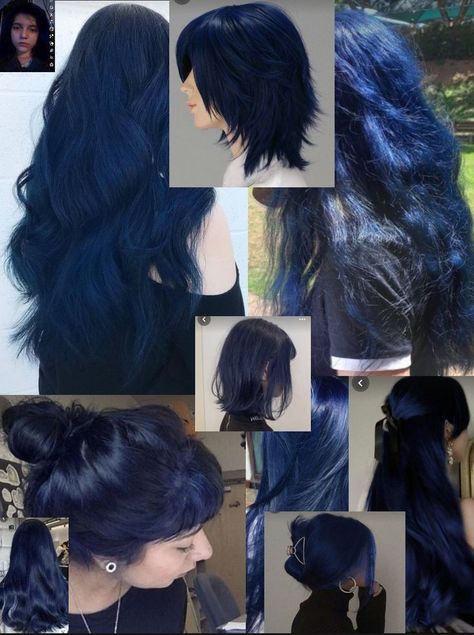 Deep Blue Dyed Hair, Deep Navy Blue Hair, Deep Blue Hair Dye, Blue Under Black Hair, Blue And Black Hair With Bangs, Black Hair With Navy Blue Highlights, Blue Hair Ideas For Black Hair, Top Of Hair Dyed, Creative Hairstyles Easy