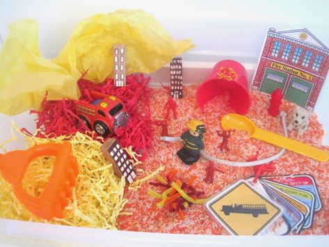 Safety Sensory Bin, Fire Safety Sensory Bin, Fire Safety Preschool Crafts, Fire Safety Unit, Fire Safety Theme, Fire Safety Preschool, Safety Crafts, Fire Safety Week, Community Helpers Theme