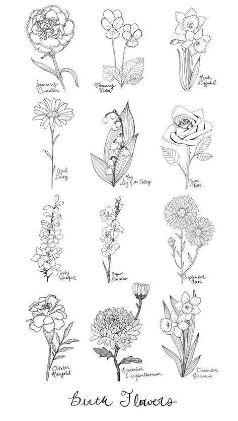 Birth Flower Art, Bouquet Tattoo, 4 Tattoo, Birth Flower Tattoos, Flower Art Print, Wall Art Black And White, Birthday Flower, Black And White Flowers, Art Black And White