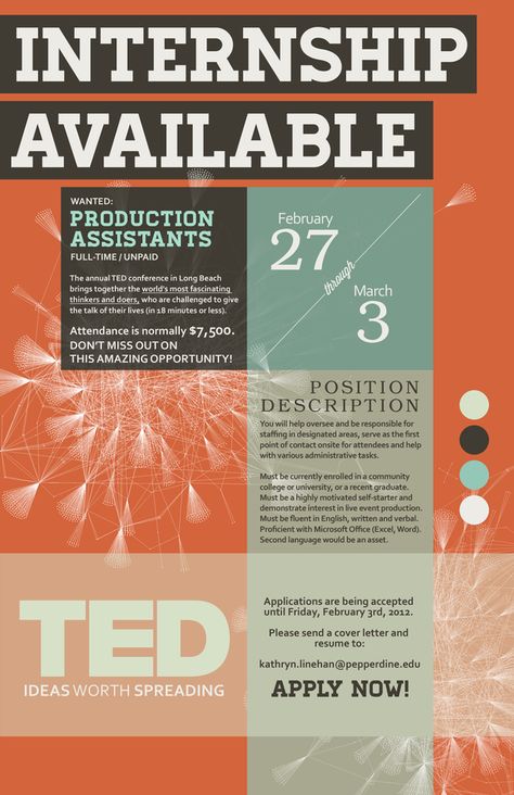 TED Internship Poster by Allison Brunton, via Behance Internship Poster, Internship Program, Poster Layout, Community College, Sports Design, Editorial Design, New Beginnings, Flyer Design, Poster Design