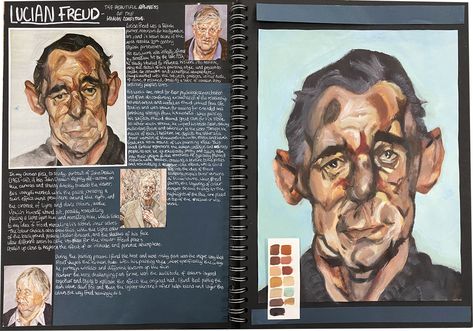 A Level Artists Research, Audrey Flack Artist Research Page, Ap Art Drawing Portfolio, Lucian Freud Artist Research Page, Portrait Art A Level Sketchbook Pages, Gcse Artists Research, Distortion Artist Research, Art Study Sketchbook, Artist Study Sketchbook