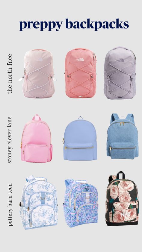 #preppy #backpacks #preppybackpacks #backtoschool #schoolsupplies #preppyinspo #stoneycloverlane #thenorthface #potterybarnteen #potterybarn #thenorthfacebackpack #stoneycloverlanebackpack #preppypink North Face Backpack School, Preppy School Bag, Middle School Supplies, Middle School Essentials, Cute Backpacks For School, School Backpack Essentials, Preppy School Supplies, Shuffles Preppy, Preppy Backpack