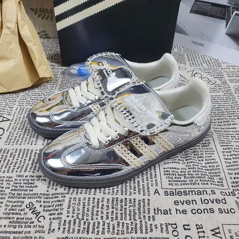 Wales Bonner x Samba 'Silver Metallic Gum' 2023 Adidas Sneakers Wales Bonner Samba, Sequins Top Outfit, Carrie Bradshaw Outfits, Samba Shoes, Silver Sneakers, Italy Outfits, Wales Bonner, Unisex Shoes, Silver Shoes